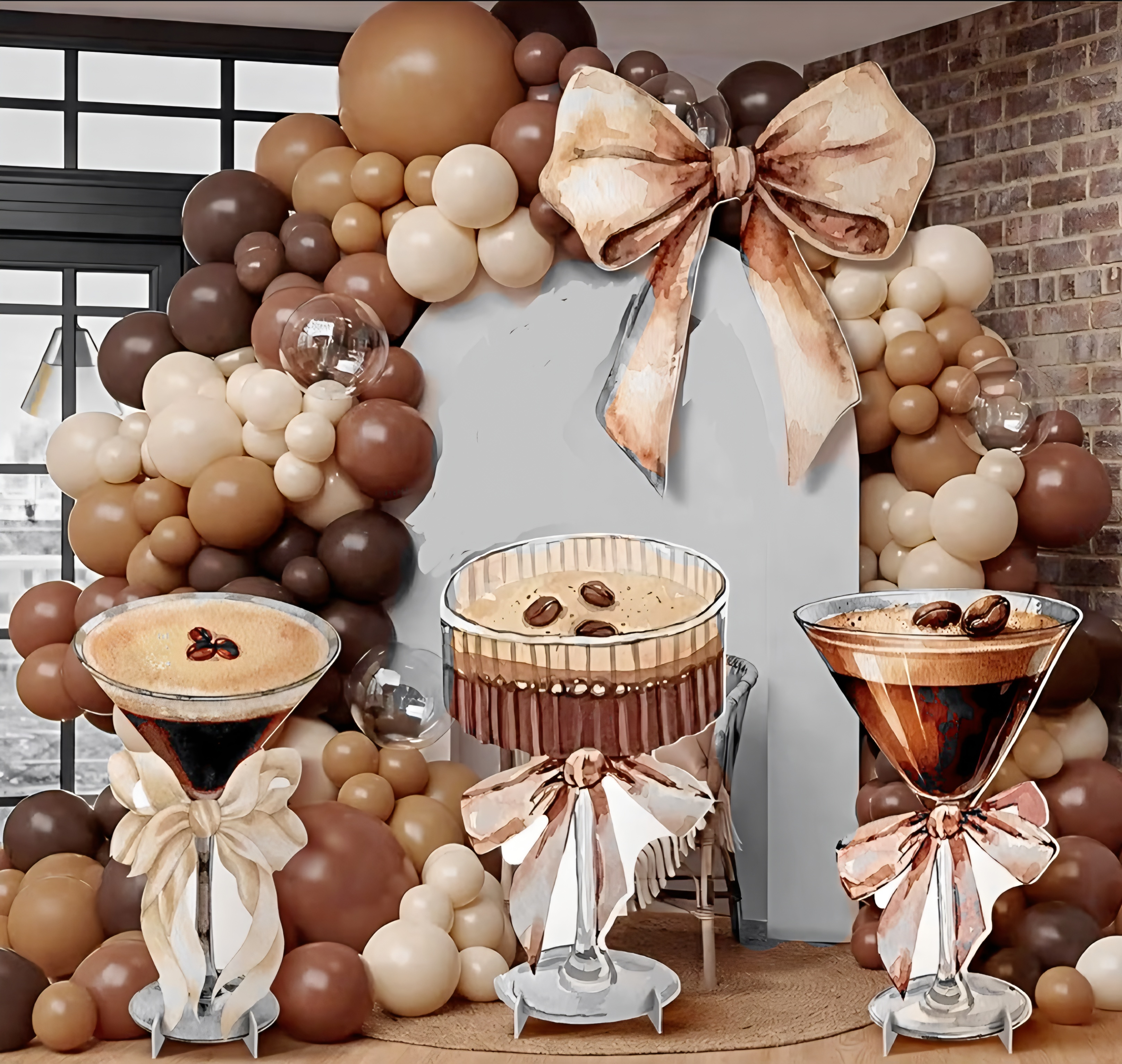 Coffee-toned balloon backdrop with celebration drink details