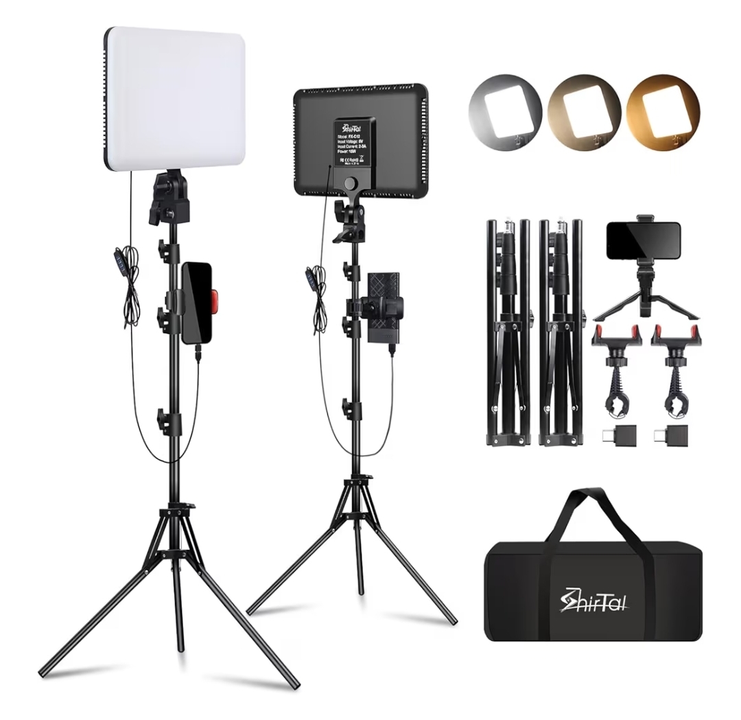 Adjustable LED panel lighting kit with stands and phone mount