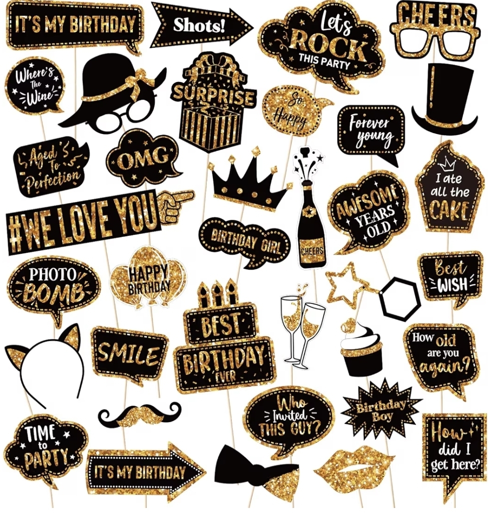 Black and gold birthday party prop signs