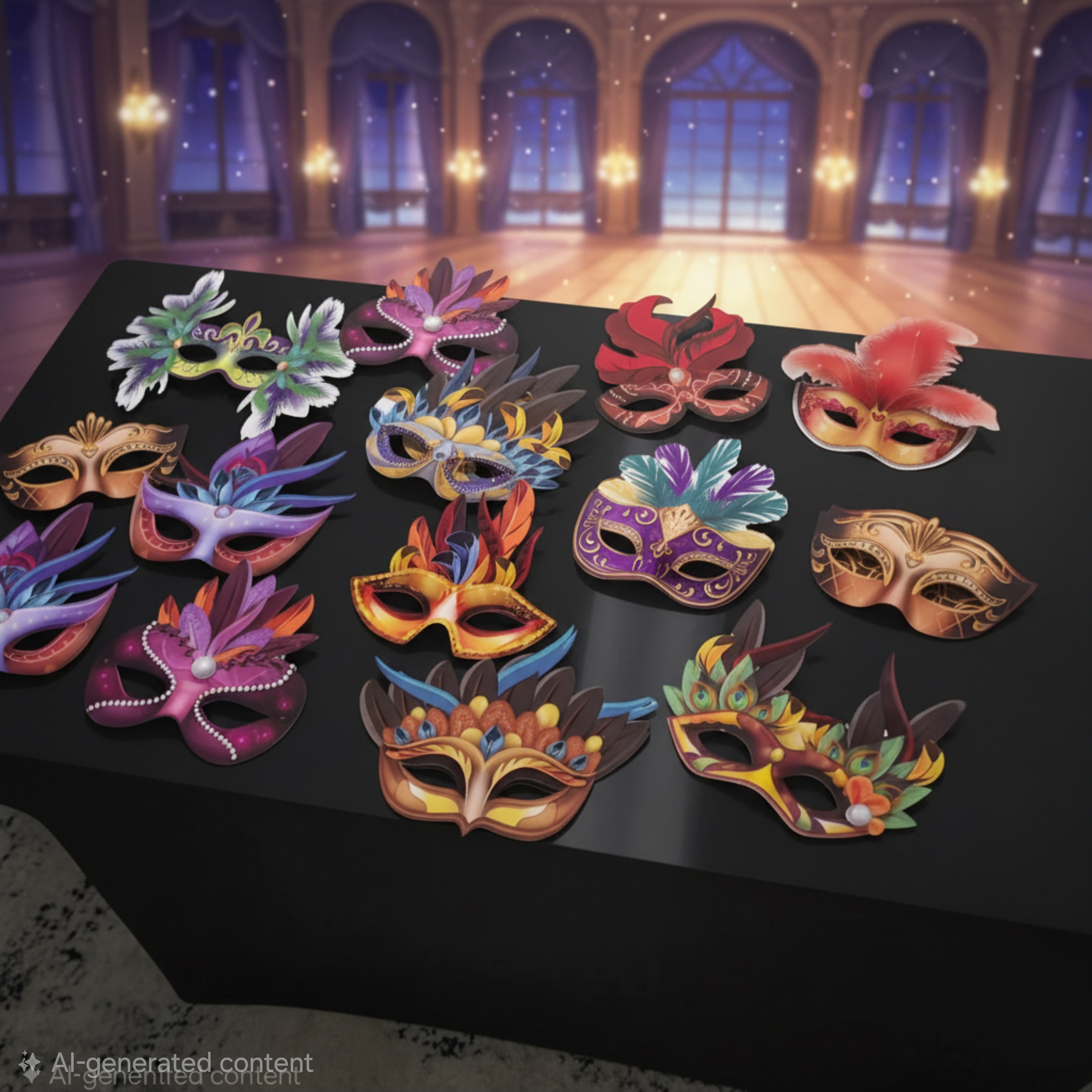 Masquerade masks displayed on a prop table