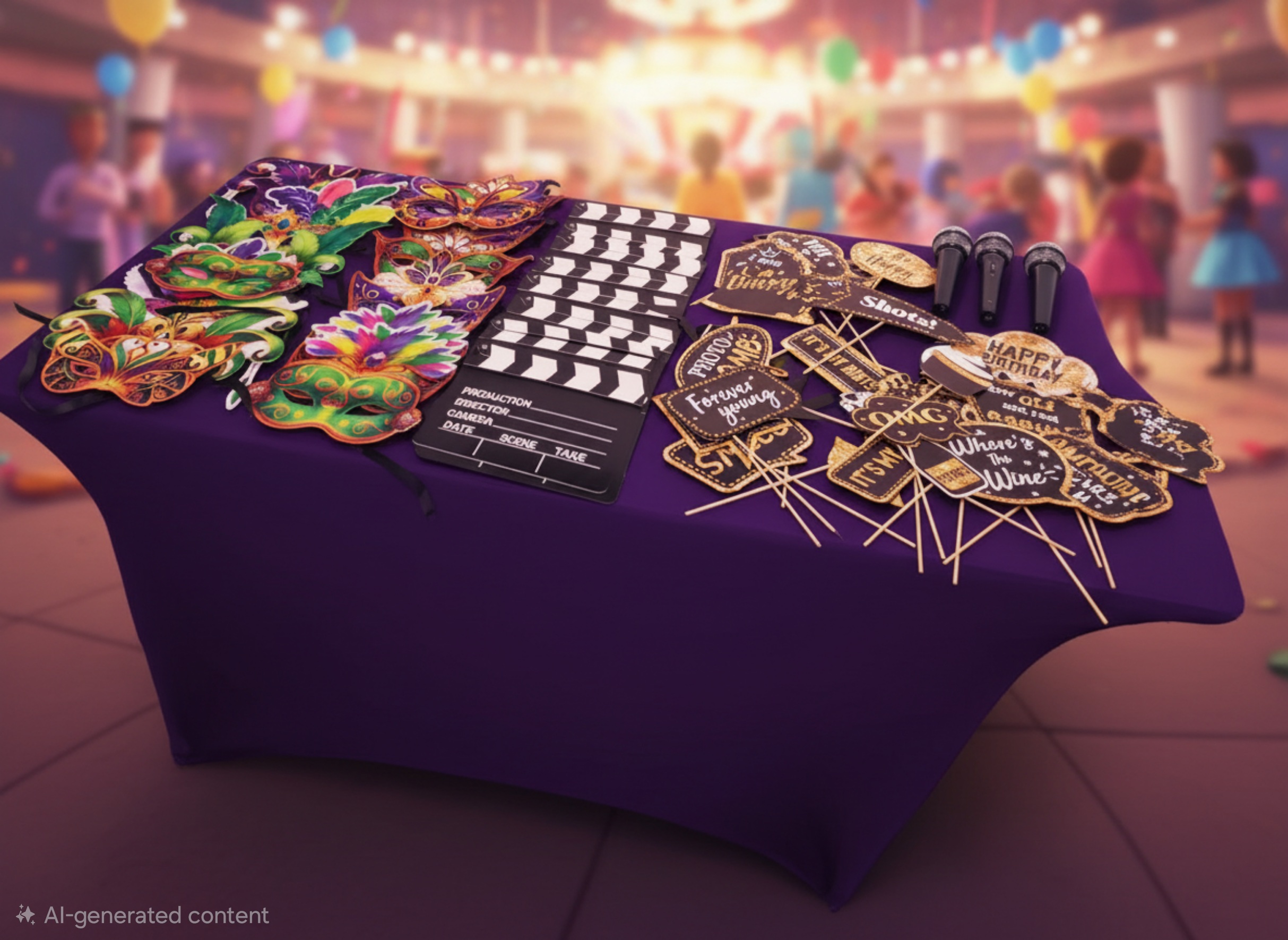 Party props displayed on a purple prop table